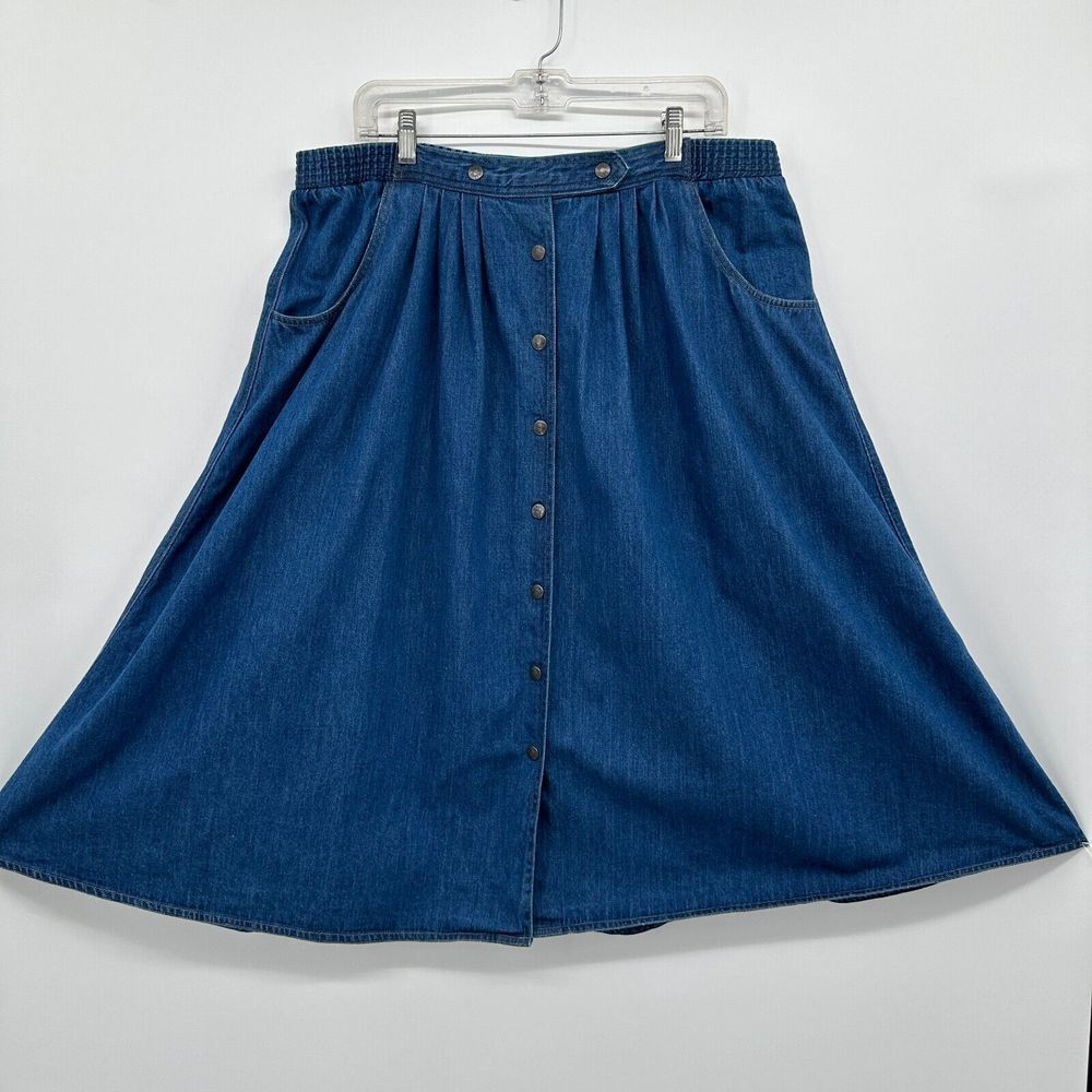 Vintage Sasson‎ Denim Midi Skirt Plus Size 18W Pleated Pockets Snap Front Blue